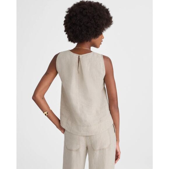 Madewell Linen Pleated Shell Top Sz XS Oat Wide Swing Hem Keyhole Back High Neck - Picture 2 of 12